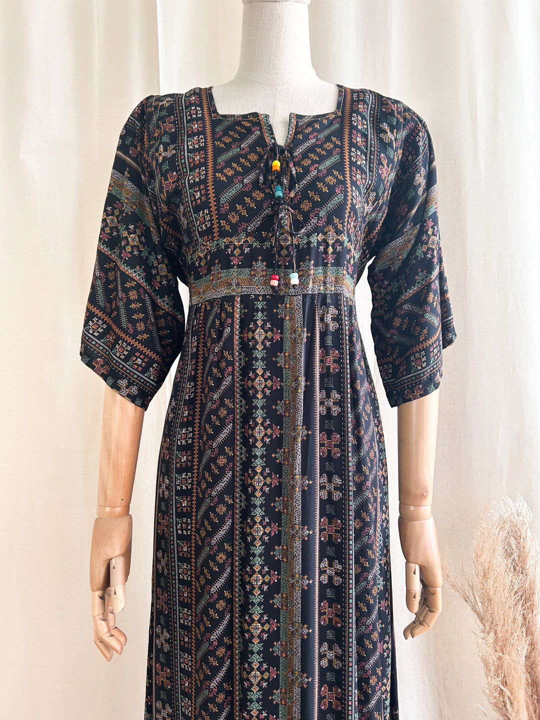 Beaut Black Cotton Bohemian 1970s Maxi Dress