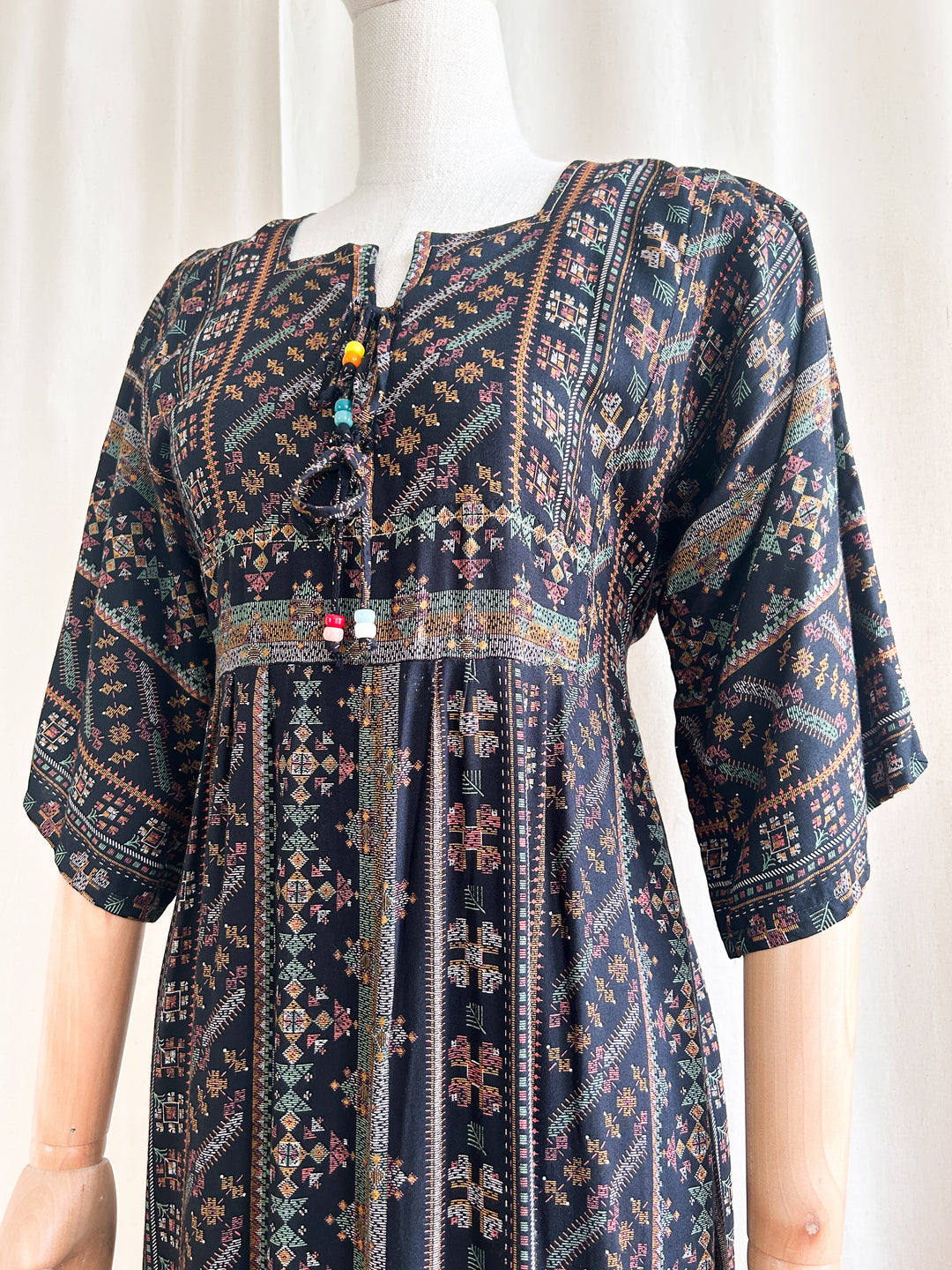 Beaut Black Cotton Bohemian 1970s Maxi Dress