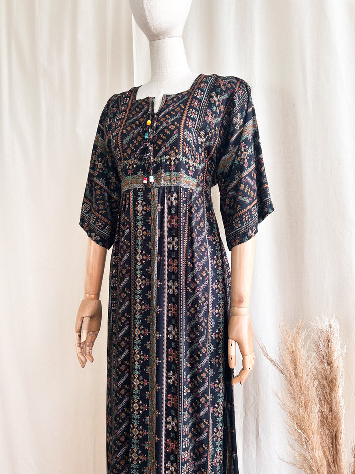 Beaut Black Cotton Bohemian 1970s Maxi Dress