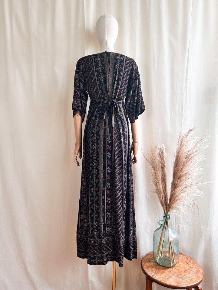 Beaut Black Cotton Bohemian 1970s Maxi Dress