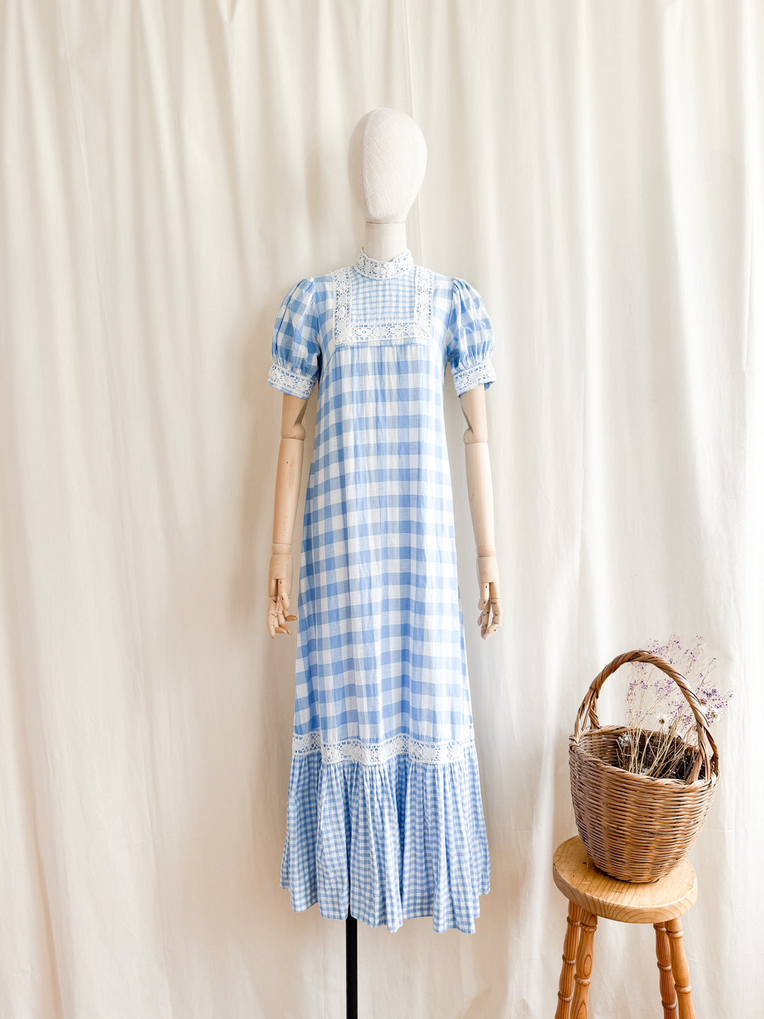 Rare 70s Peter Robinson baby blue  cotton Gingham Maxi Dress