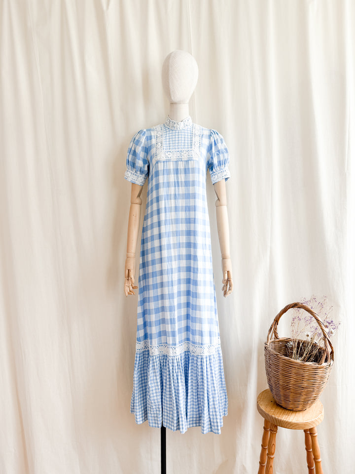 Rare 70s Peter Robinson baby blue  cotton Gingham Maxi Dress