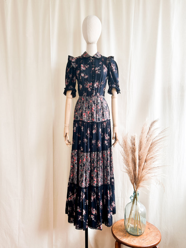 Insane 1970s Tiered Black and Red Floral Cotton Prairie Dress