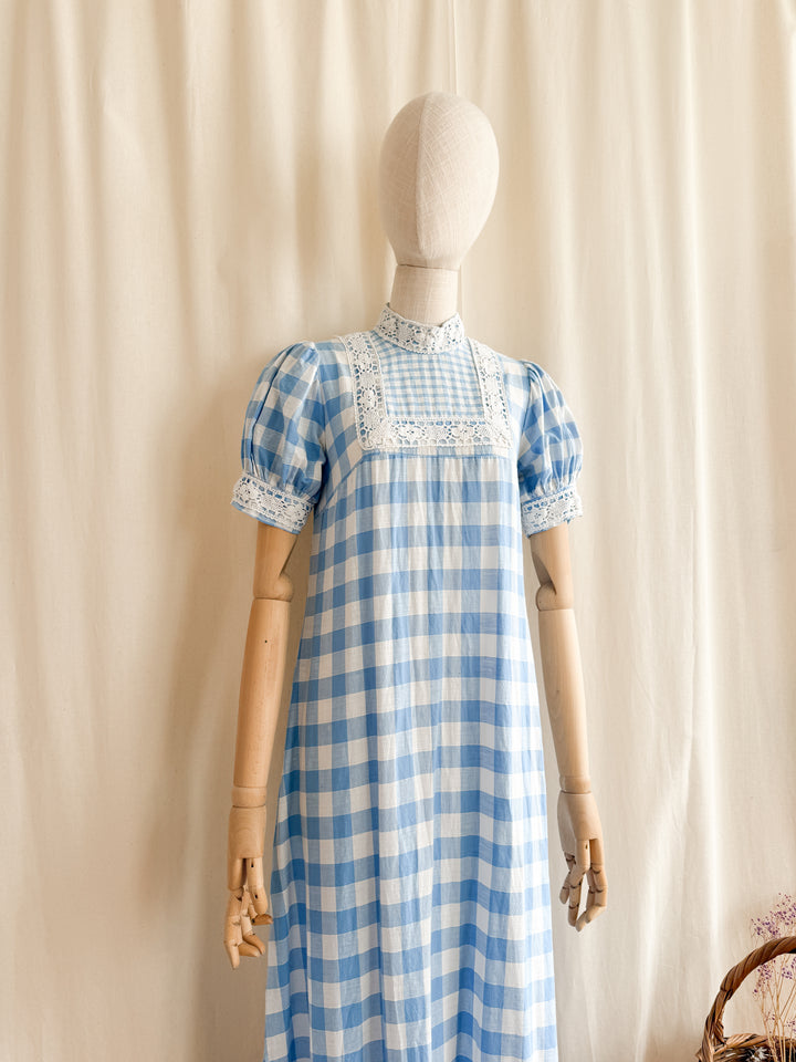 Rare 70s Peter Robinson baby blue  cotton Gingham Maxi Dress
