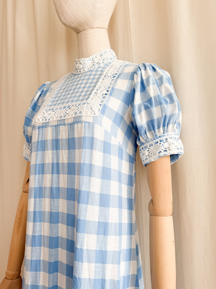Rare 70s Peter Robinson baby blue  cotton Gingham Maxi Dress