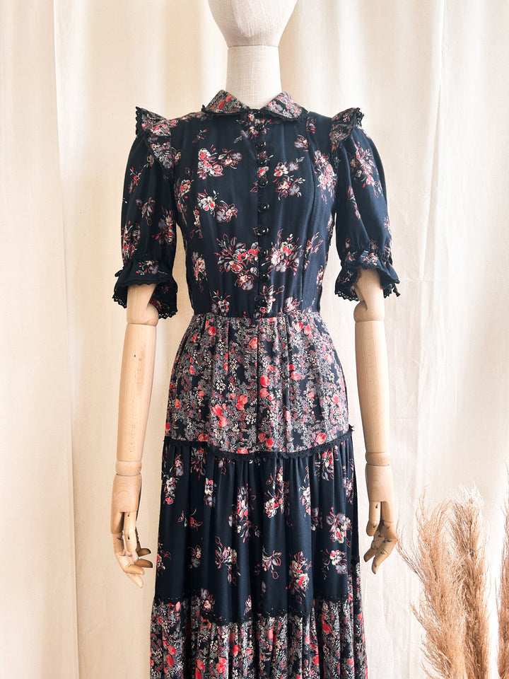 Insane 1970s Tiered Black and Red Floral Cotton Prairie Dress