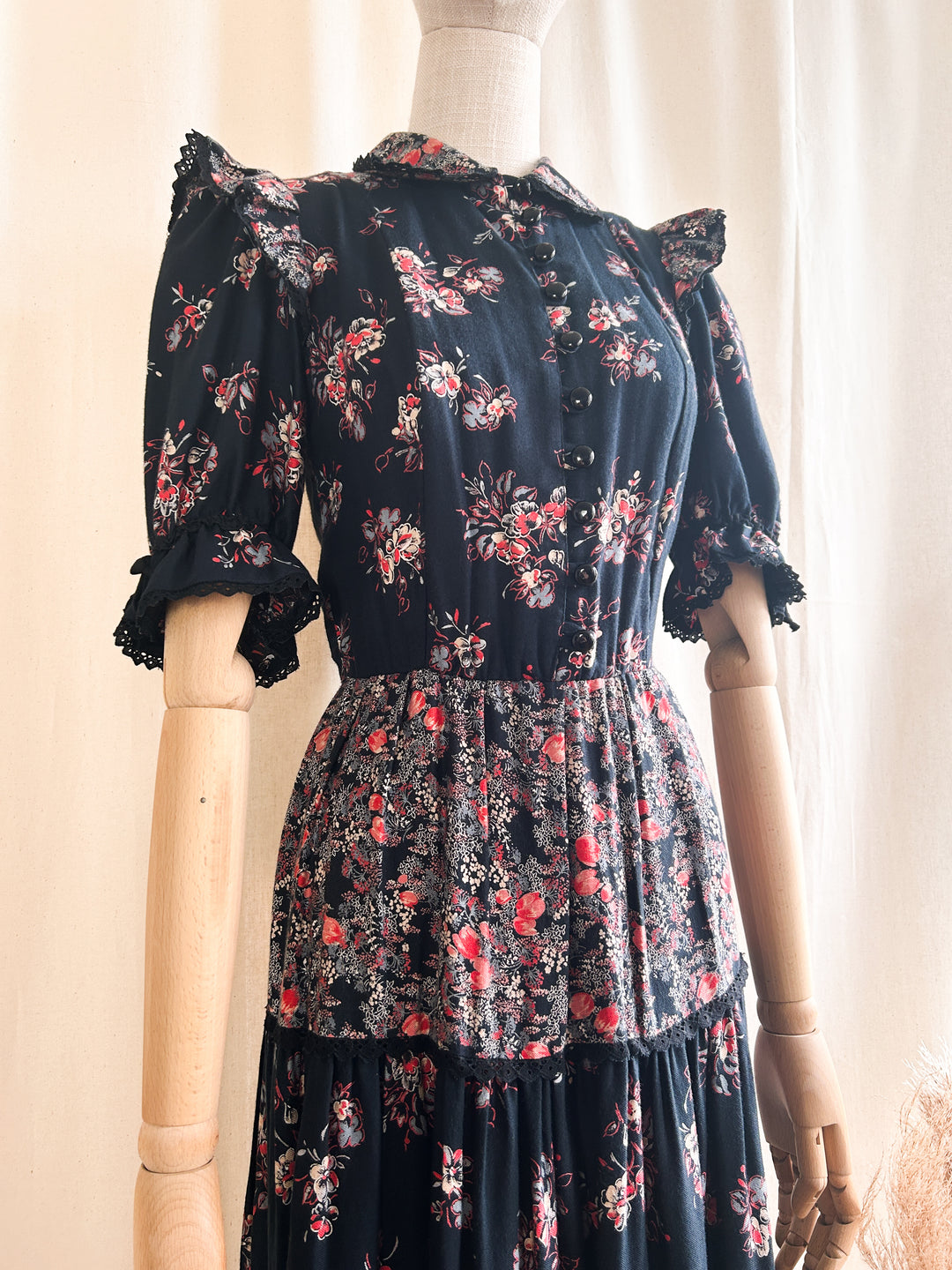 Insane 1970s Tiered Black and Red Floral Cotton Prairie Dress