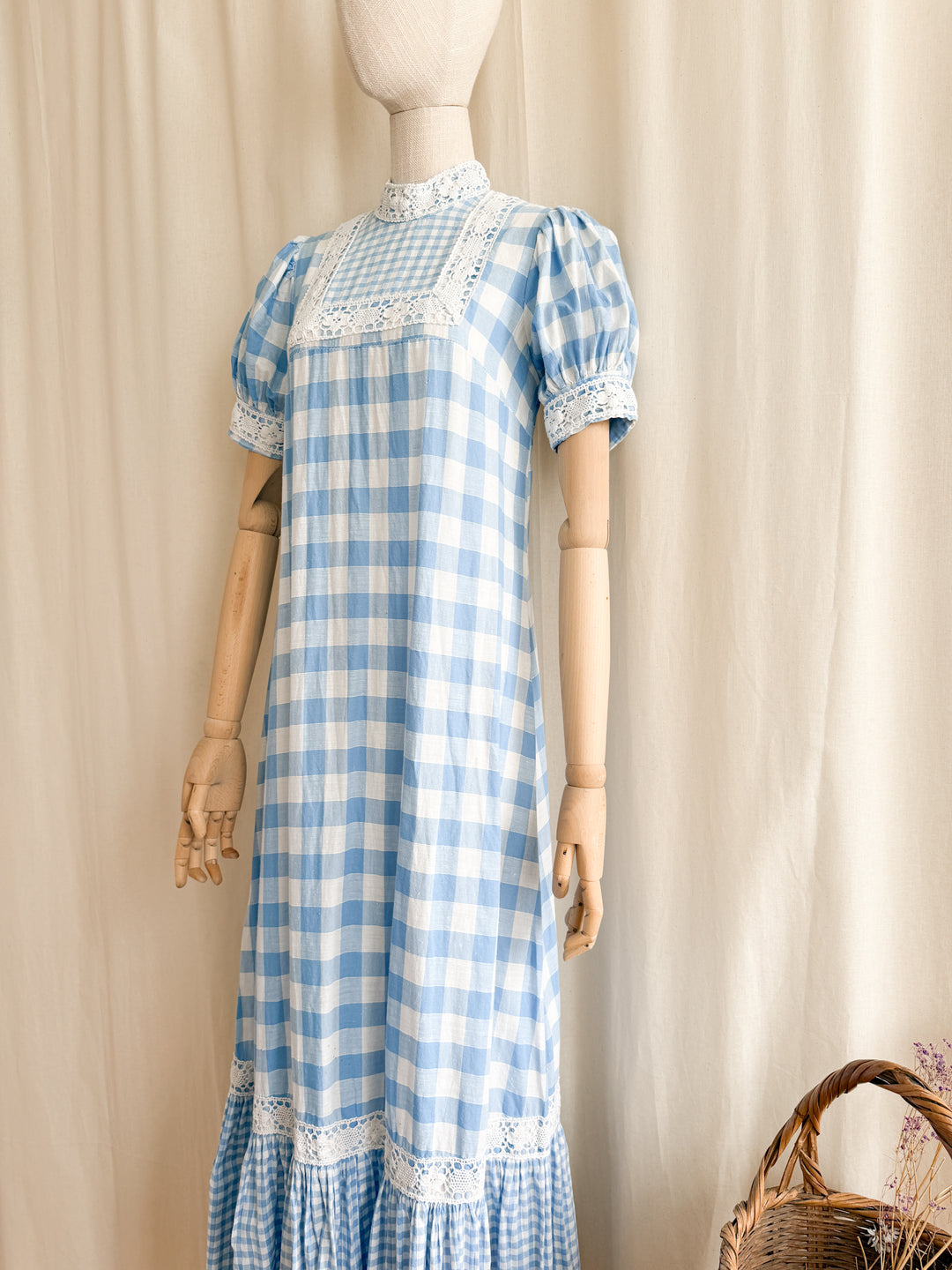 Rare 70s Peter Robinson baby blue  cotton Gingham Maxi Dress