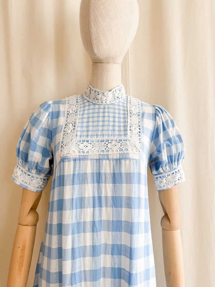 Rare 70s Peter Robinson baby blue  cotton Gingham Maxi Dress