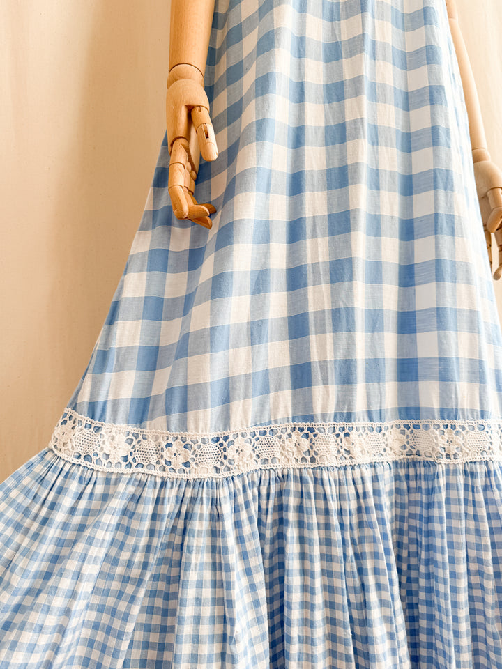 Rare 70s Peter Robinson baby blue  cotton Gingham Maxi Dress