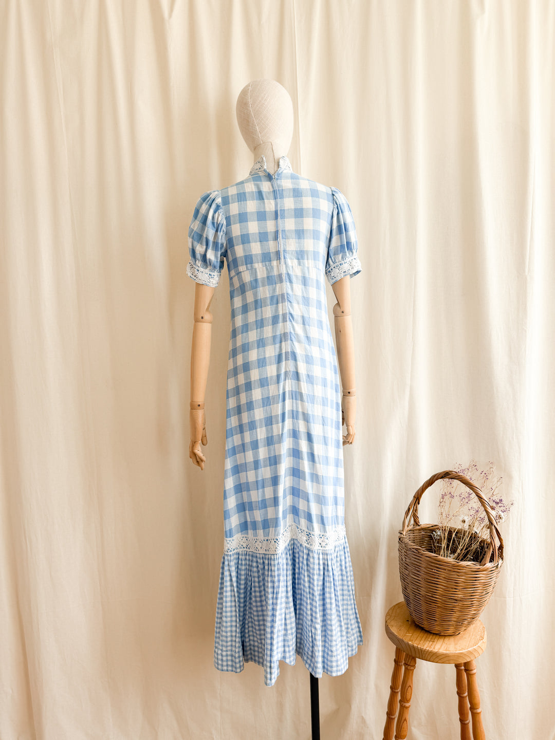 Rare 70s Peter Robinson baby blue  cotton Gingham Maxi Dress