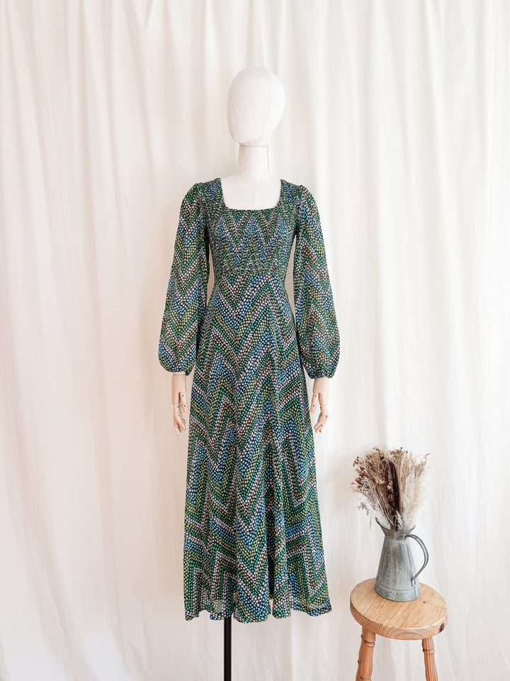 Pretty 1970s Shirred Cotton Autumnal Floral Maxi Dress by Shelena