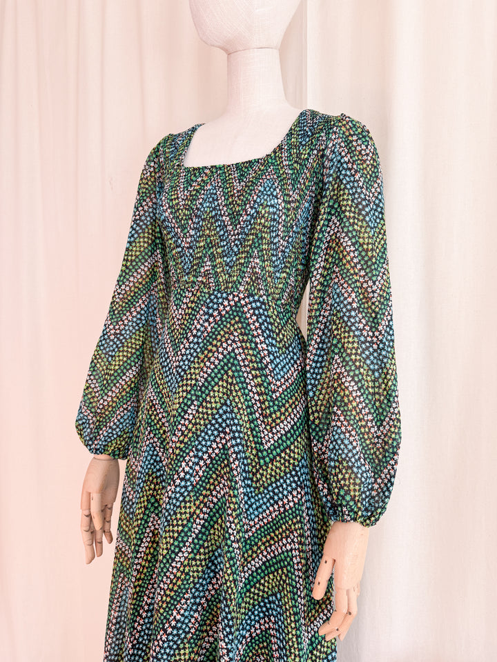 Pretty 1970s Shirred Cotton Autumnal Floral Maxi Dress by Shelena