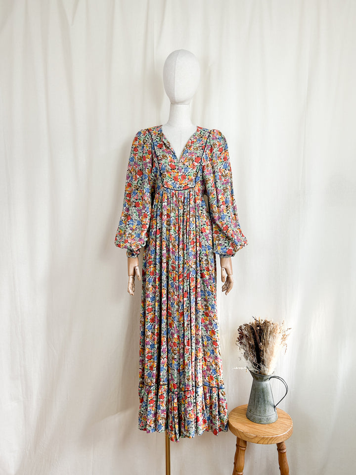 Holy Grail Autumnal Floral Billowing 70s Cotton Maxi Dress