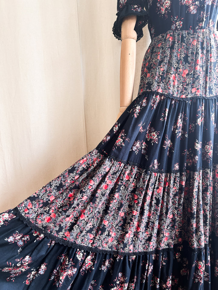 Insane 1970s Tiered Black and Red Floral Cotton Prairie Dress