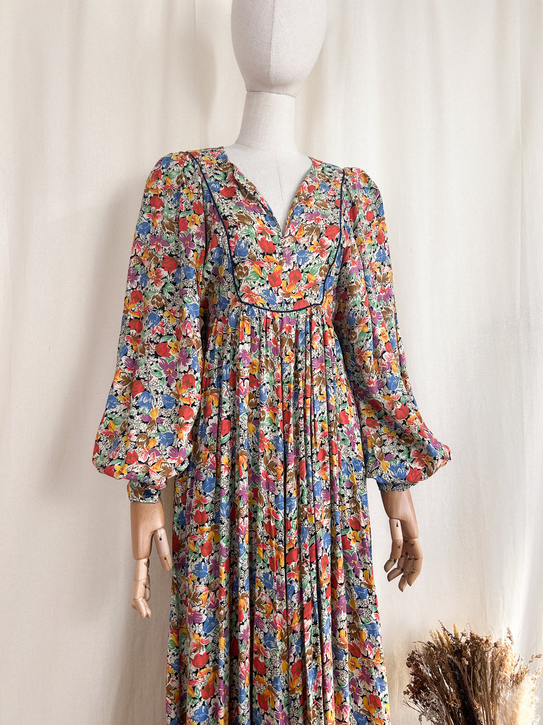 Holy Grail Autumnal Floral Billowing 70s Cotton Maxi Dress