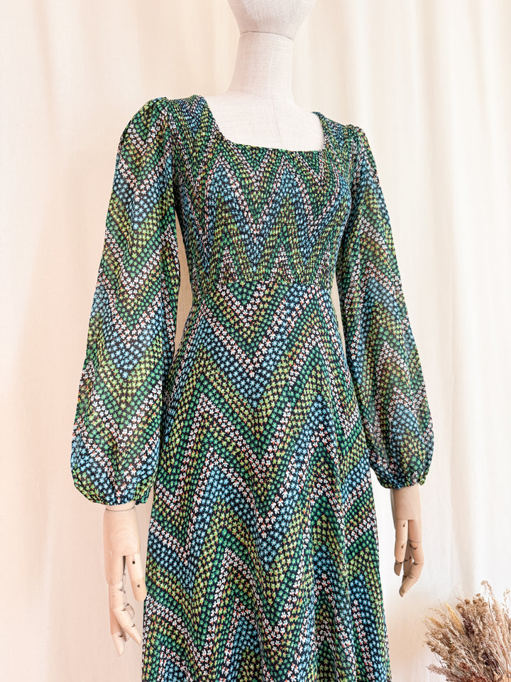 Pretty 1970s Shirred Cotton Autumnal Floral Maxi Dress by Shelena