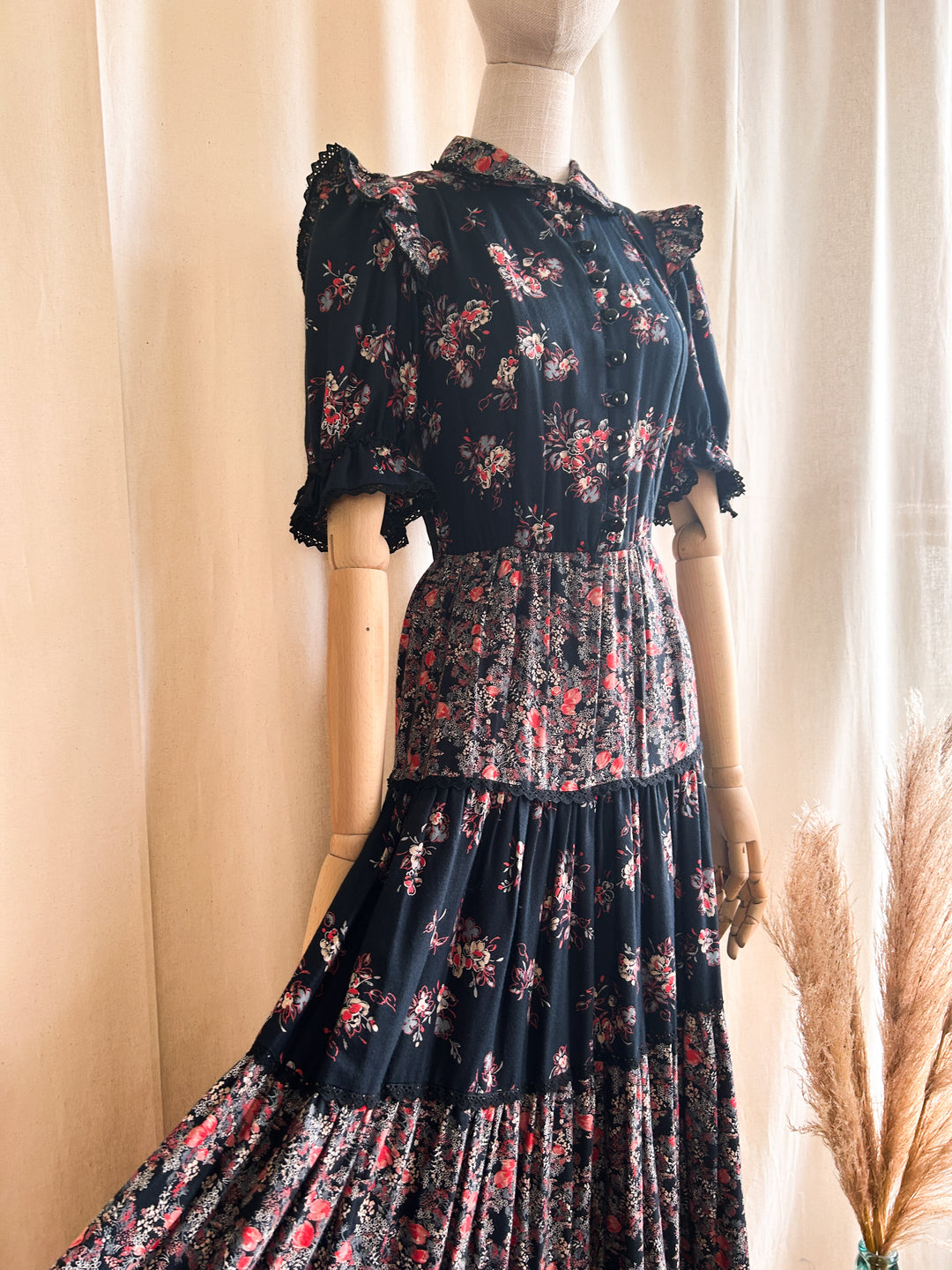 Insane 1970s Tiered Black and Red Floral Cotton Prairie Dress