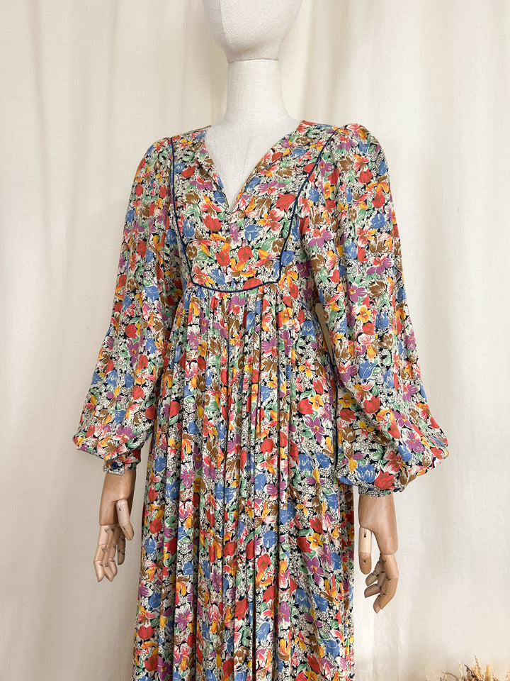 Holy Grail Autumnal Floral Billowing 70s Cotton Maxi Dress