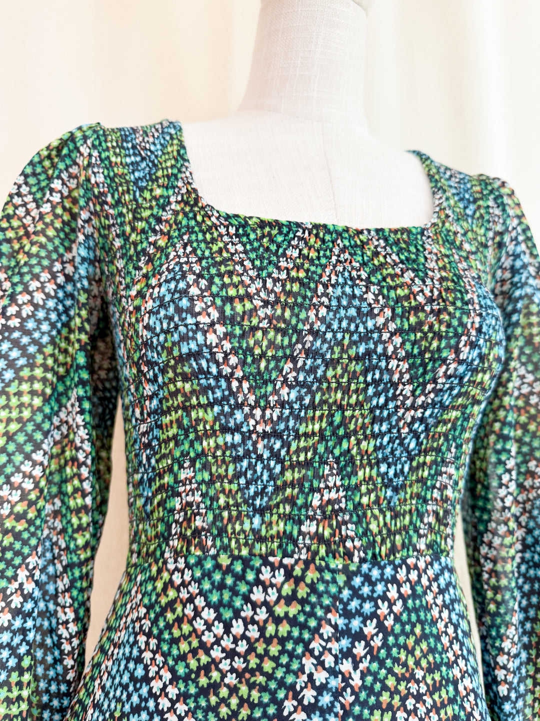 Pretty 1970s Shirred Cotton Autumnal Floral Maxi Dress by Shelena
