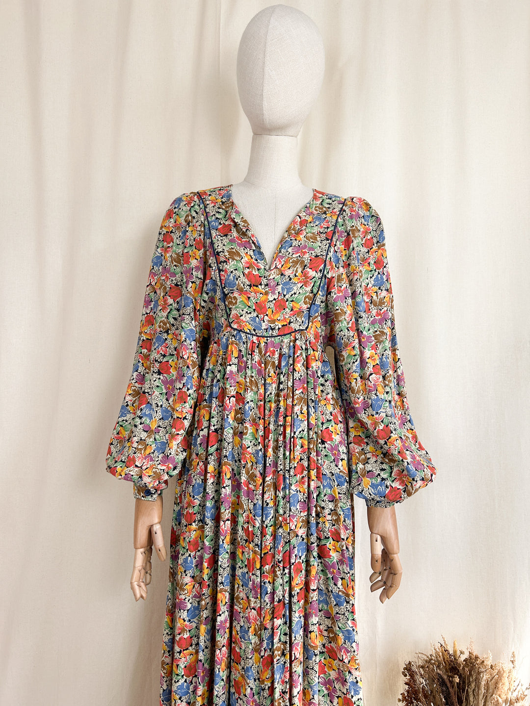 Holy Grail Autumnal Floral Billowing 70s Cotton Maxi Dress