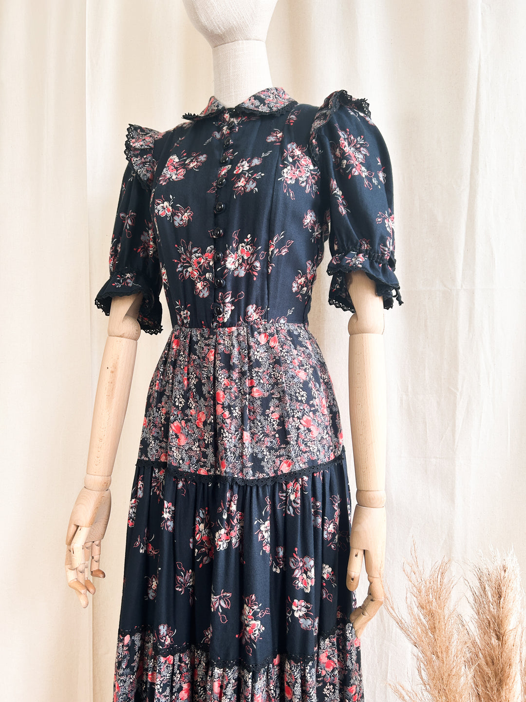 Insane 1970s Tiered Black and Red Floral Cotton Prairie Dress