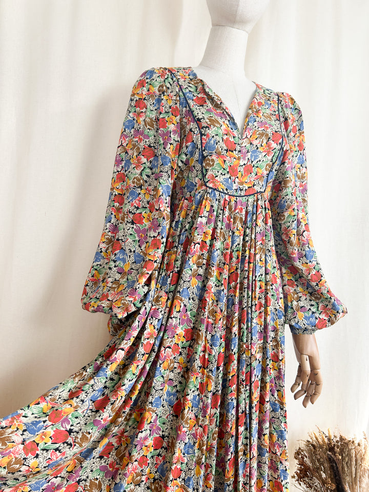 Holy Grail Autumnal Floral Billowing 70s Cotton Maxi Dress