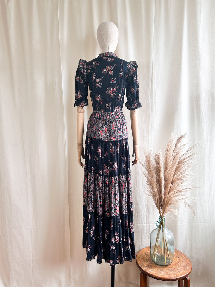 Insane 1970s Tiered Black and Red Floral Cotton Prairie Dress