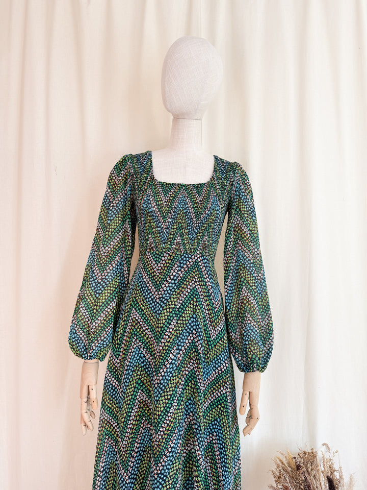 Pretty 1970s Shirred Cotton Autumnal Floral Maxi Dress by Shelena