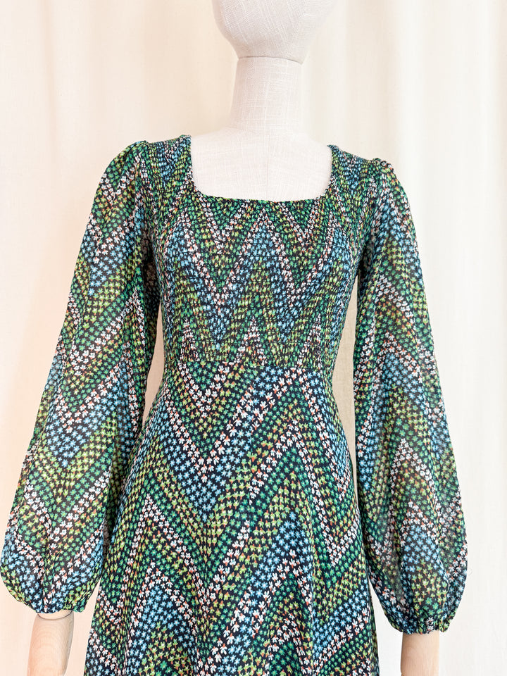 Pretty 1970s Shirred Cotton Autumnal Floral Maxi Dress by Shelena