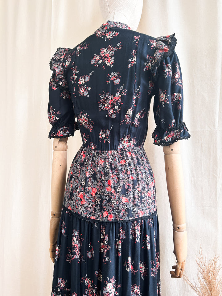 Insane 1970s Tiered Black and Red Floral Cotton Prairie Dress