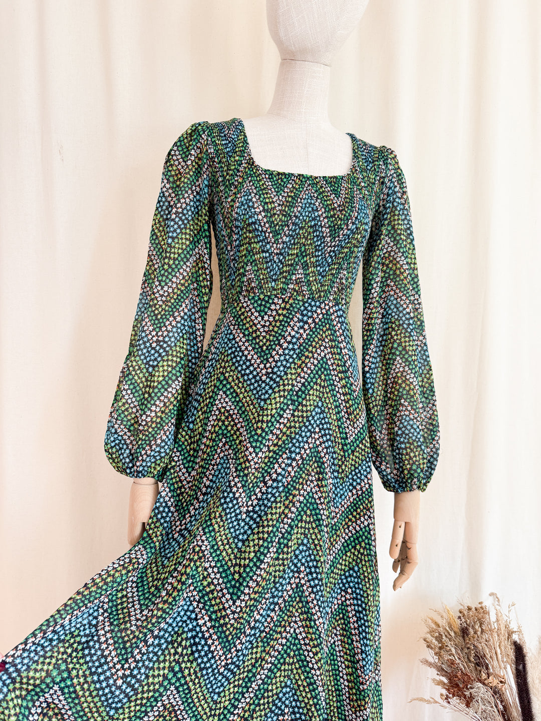 Pretty 1970s Shirred Cotton Autumnal Floral Maxi Dress by Shelena