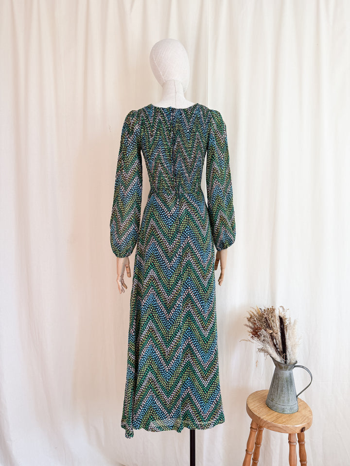 Pretty 1970s Shirred Cotton Autumnal Floral Maxi Dress by Shelena
