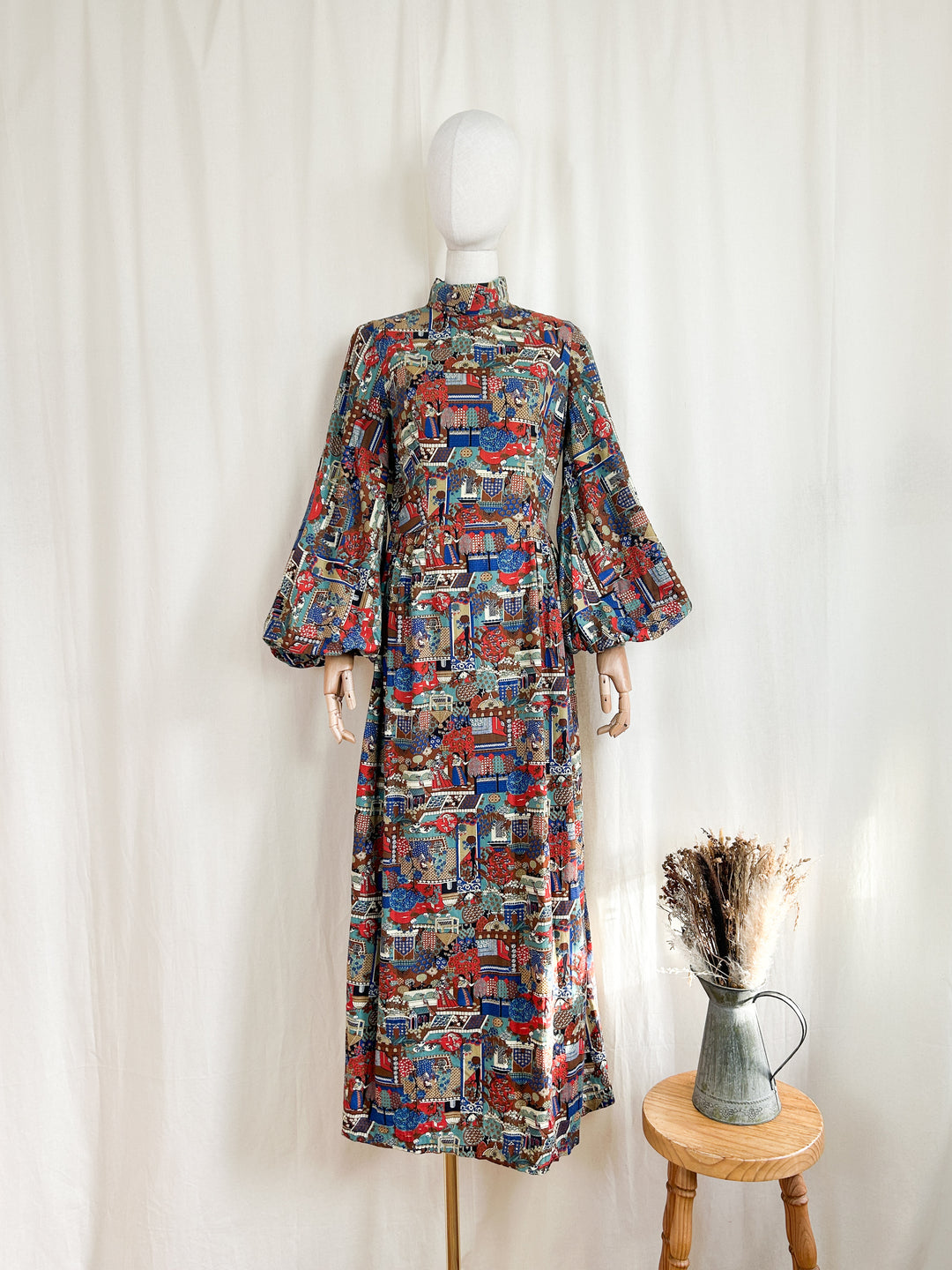 Stunning Rare 70s Oriental Print Cotton Maxi Dress The Pansy Garden Stunning Rare 70s Oriental Print Cotton Maxi Dress The Pansy Garden