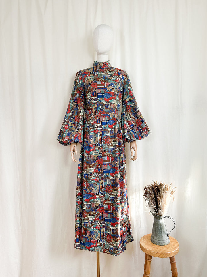 Stunning Rare 70s Oriental Print Cotton Maxi Dress