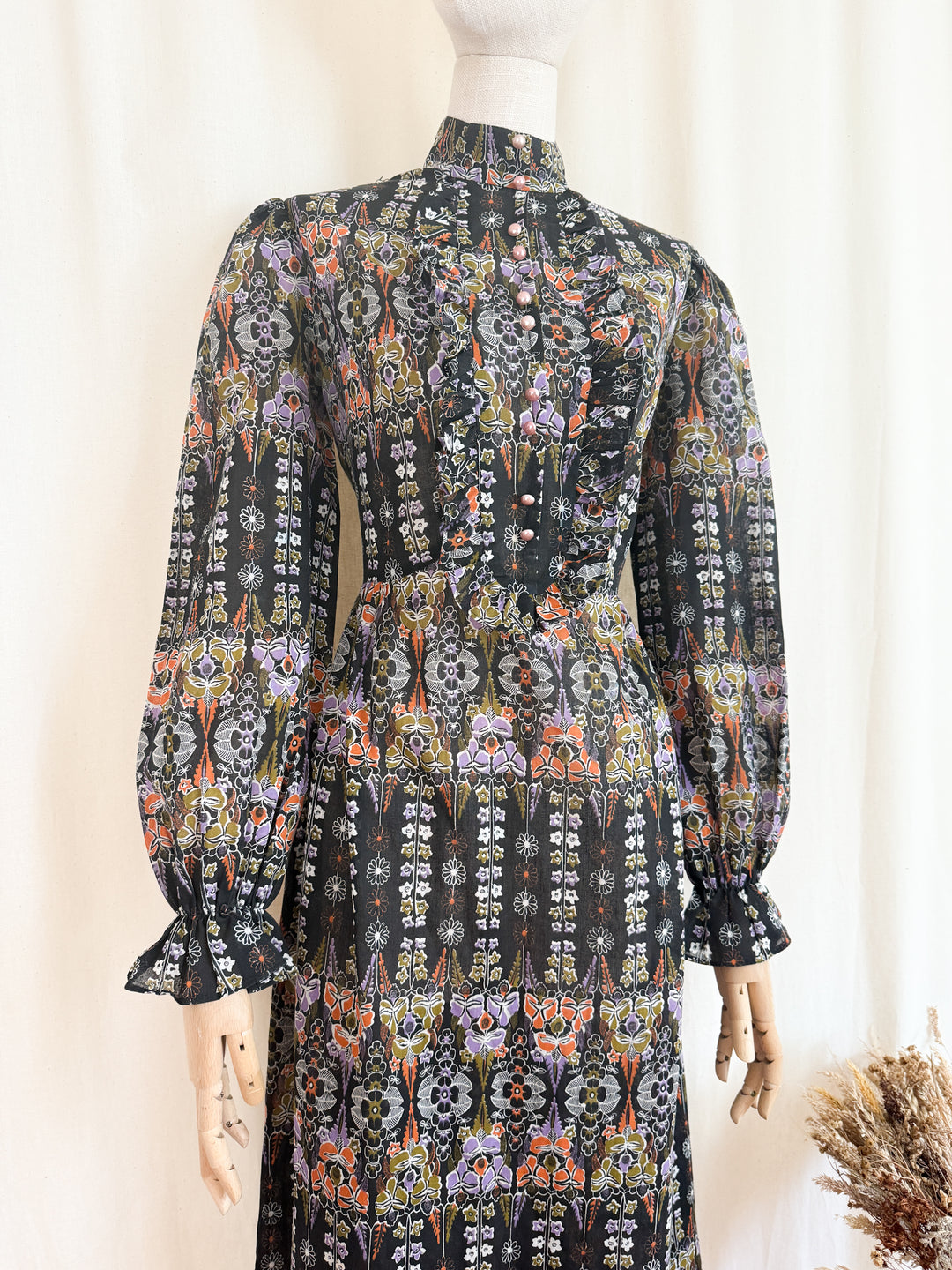 Stunning 1970s Autumnal Witchy Cotton Maxi Dress