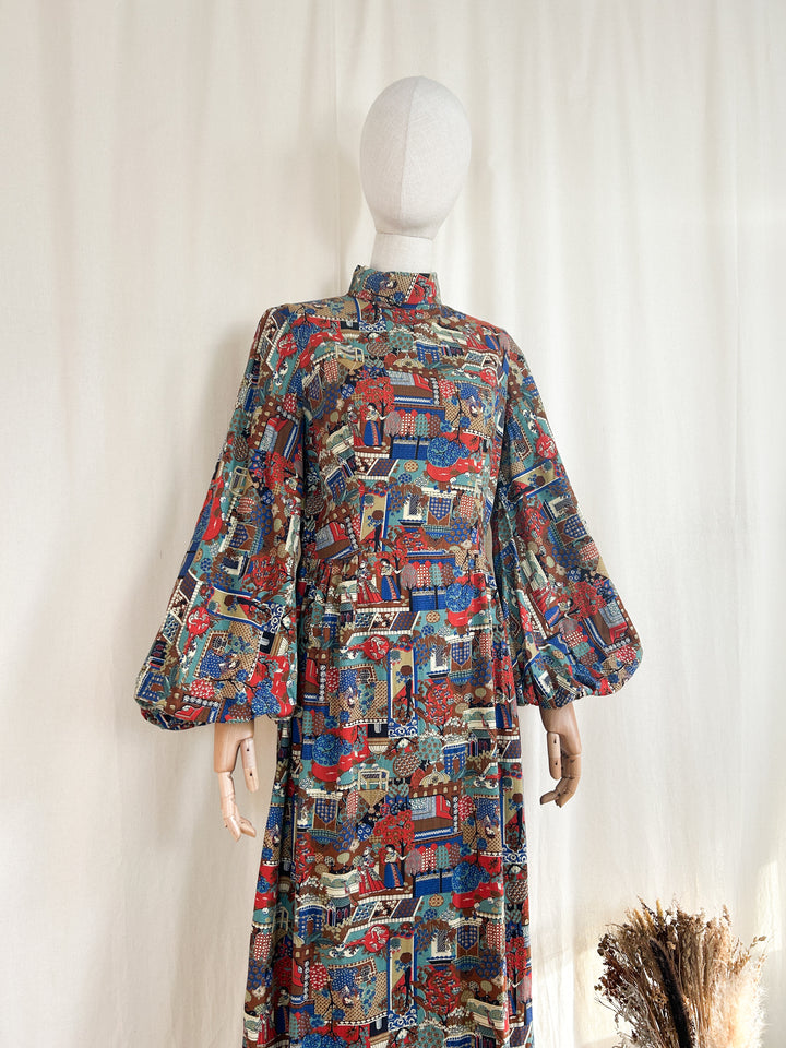 Stunning Rare 70s Oriental Print Cotton Maxi Dress