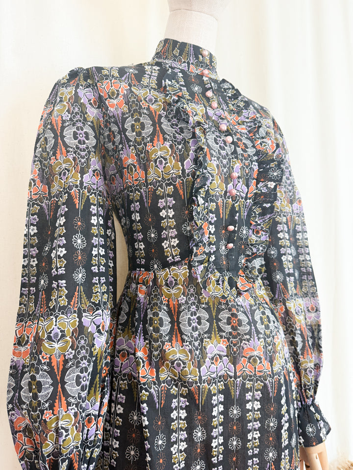 Stunning 1970s Autumnal Witchy Cotton Maxi Dress