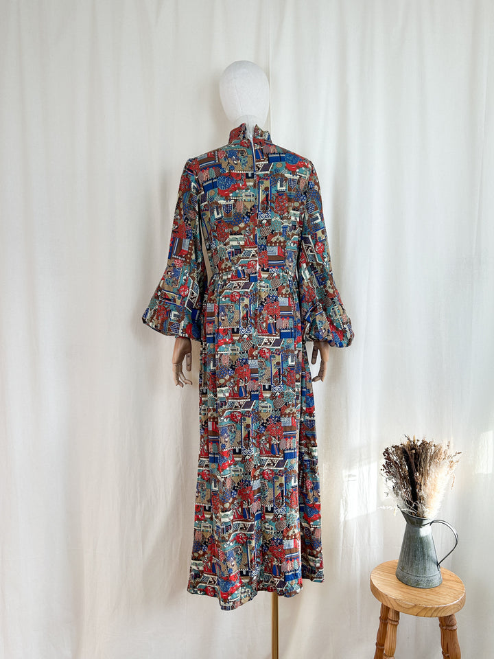 Stunning Rare 70s Oriental Print Cotton Maxi Dress