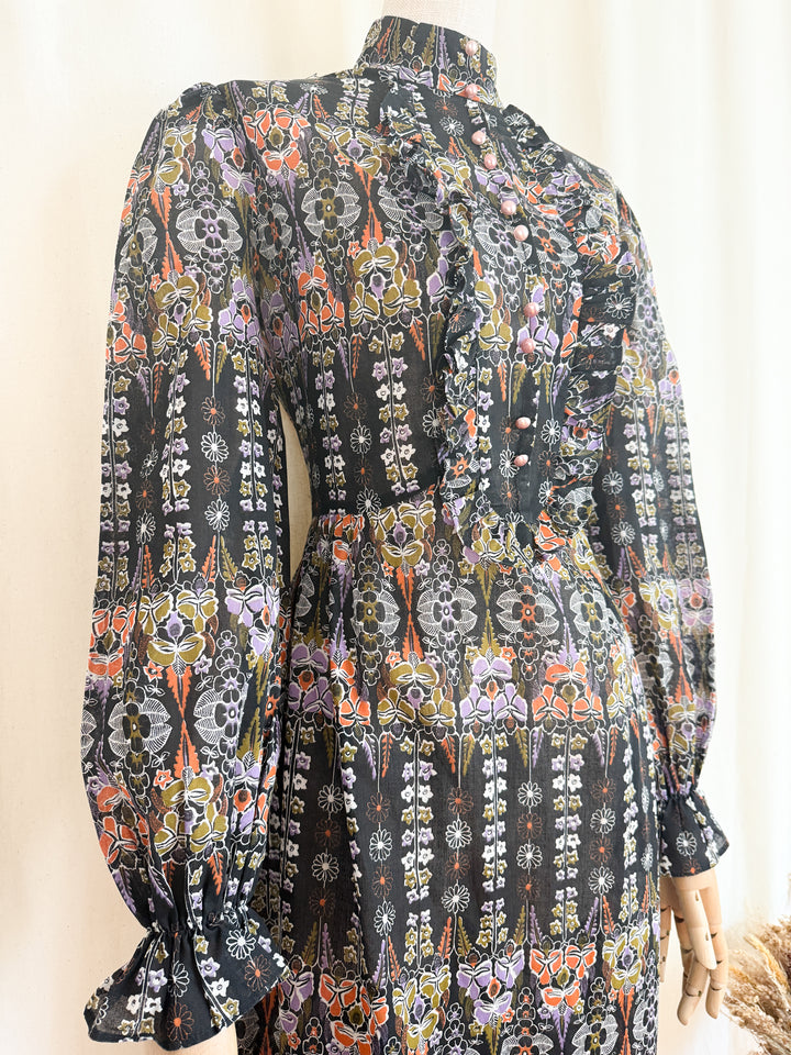 Stunning 1970s Autumnal Witchy Cotton Maxi Dress