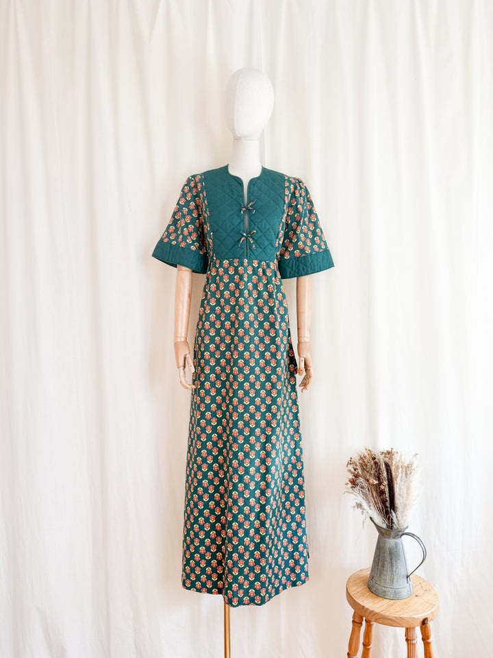 Gorgeous Quilted 1970s Green Floral Bohemian Cotton Maxi Dress