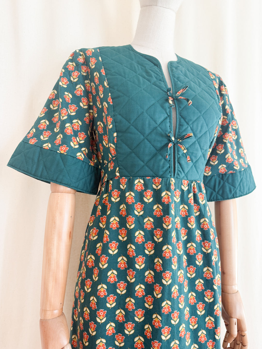 Gorgeous Quilted 1970s Green Floral Bohemian Cotton Maxi Dress