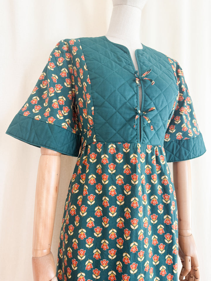 Gorgeous Quilted 1970s Green Floral Bohemian Cotton Maxi Dress