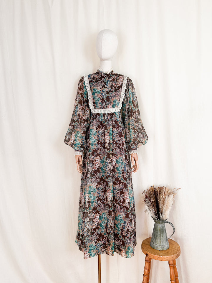 Insanely Beautiful Rare 70s Billowing Sleeve Cotton Floral Prairie Dress