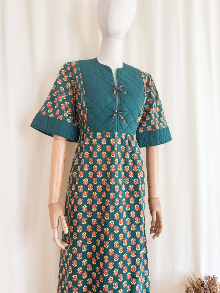 Gorgeous Quilted 1970s Green Floral Bohemian Cotton Maxi Dress