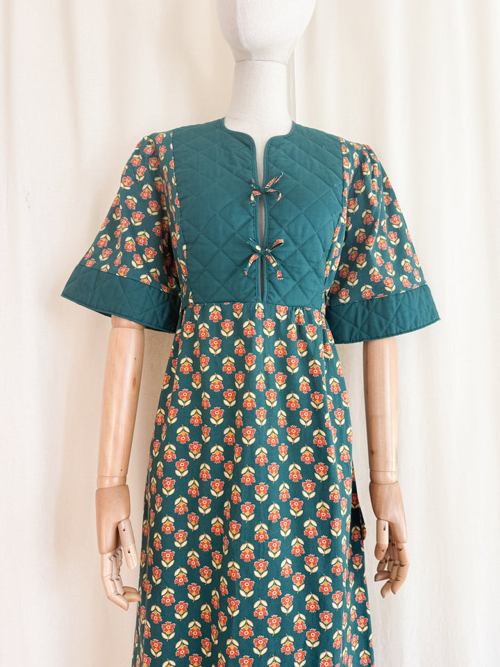 Gorgeous Quilted 1970s Green Floral Bohemian Cotton Maxi Dress