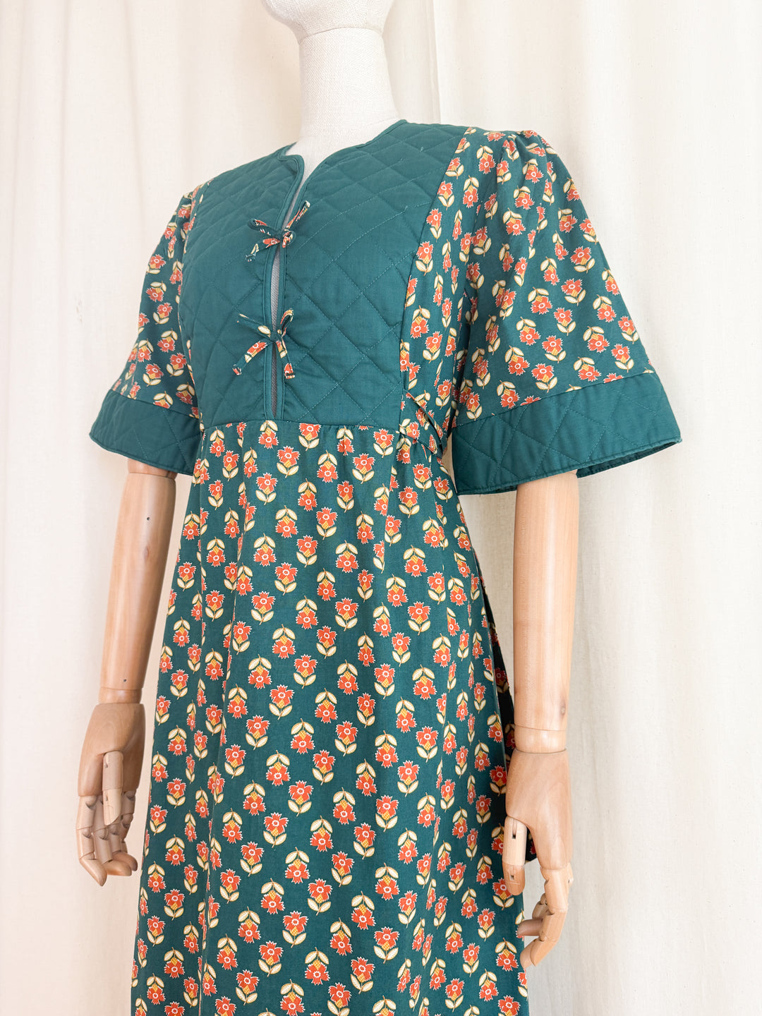 Gorgeous Quilted 1970s Green Floral Bohemian Cotton Maxi Dress