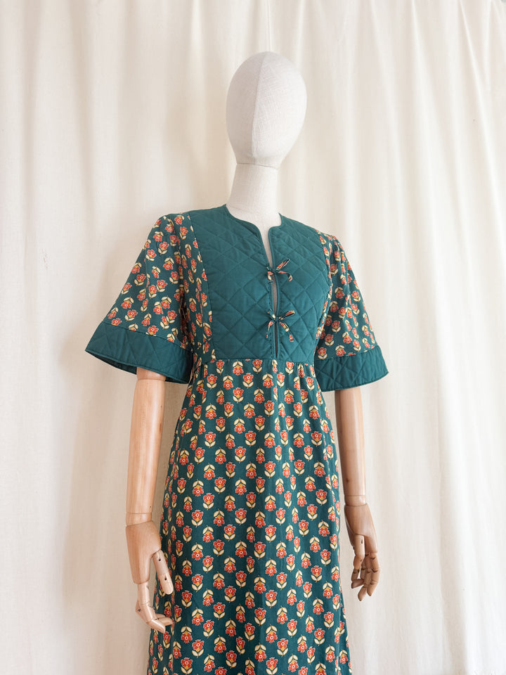 Gorgeous Quilted 1970s Green Floral Bohemian Cotton Maxi Dress