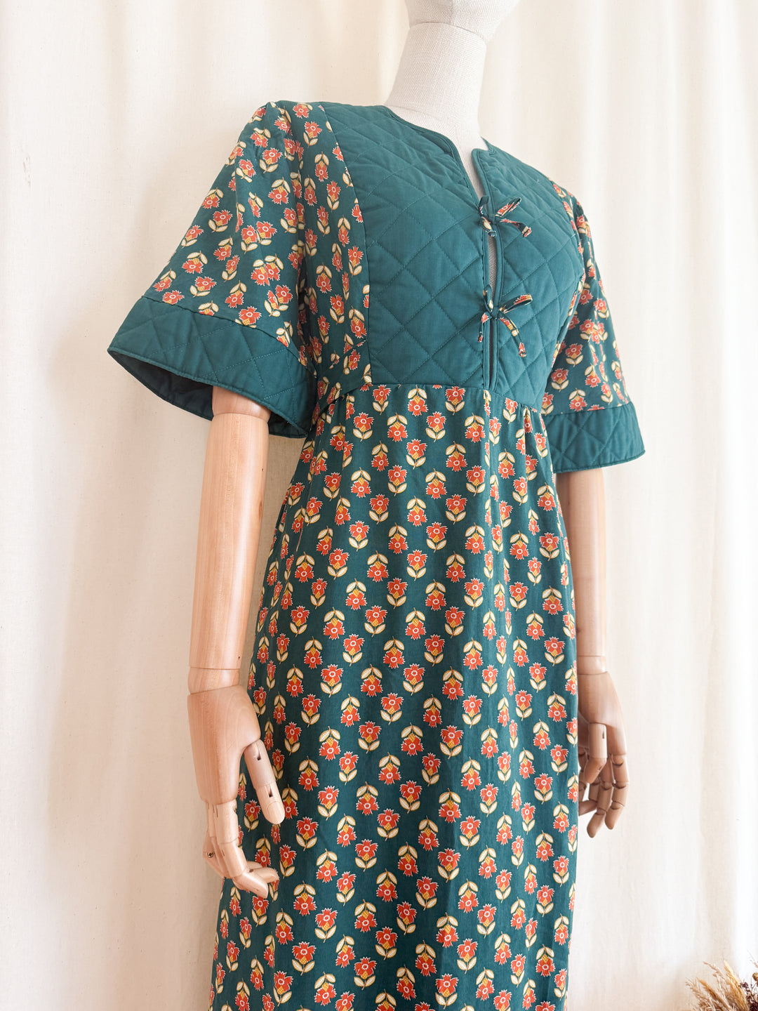 Gorgeous Quilted 1970s Green Floral Bohemian Cotton Maxi Dress