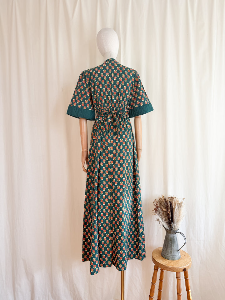 Gorgeous Quilted 1970s Green Floral Bohemian Cotton Maxi Dress